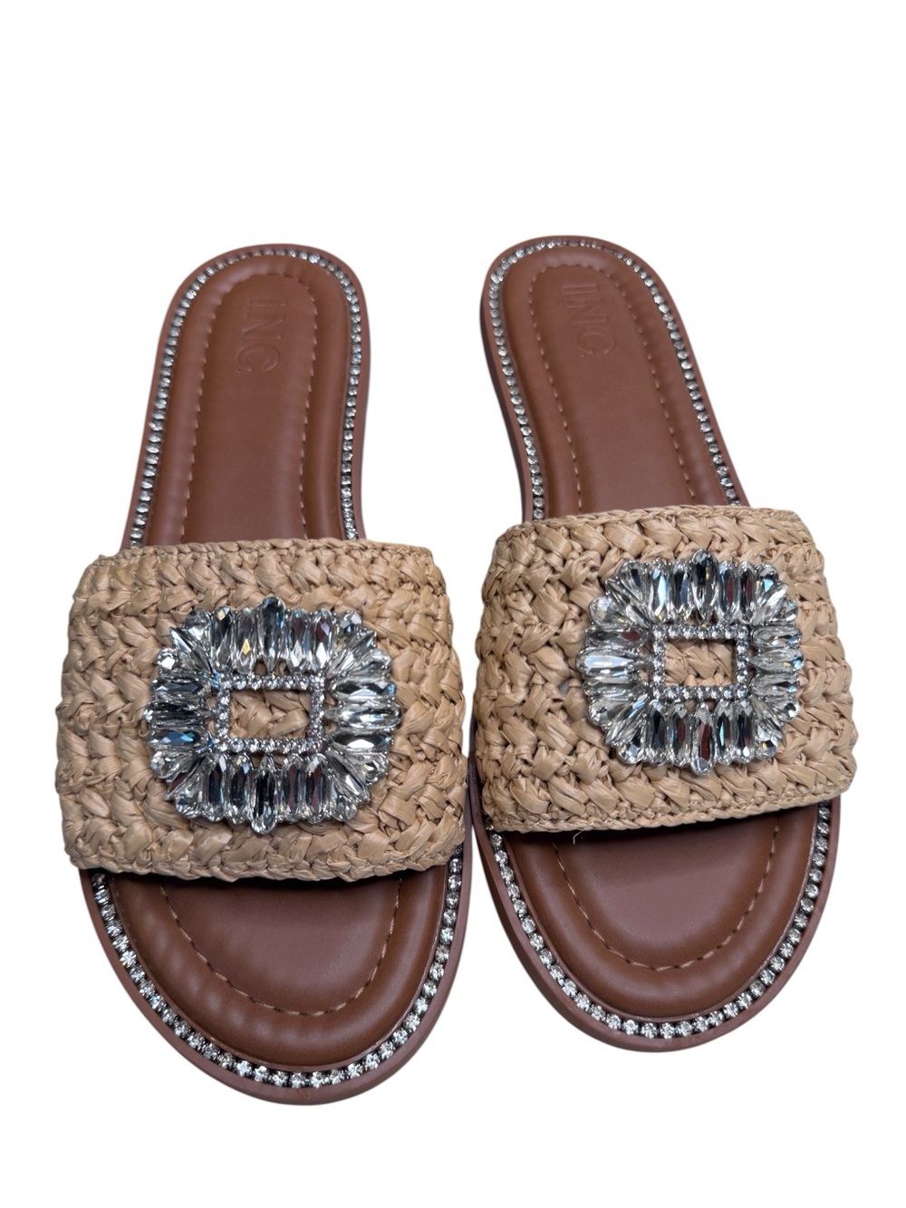 INC Woven Raffia Slide Sandals with Crystal Buckle - Natural - Picture 3 of 5